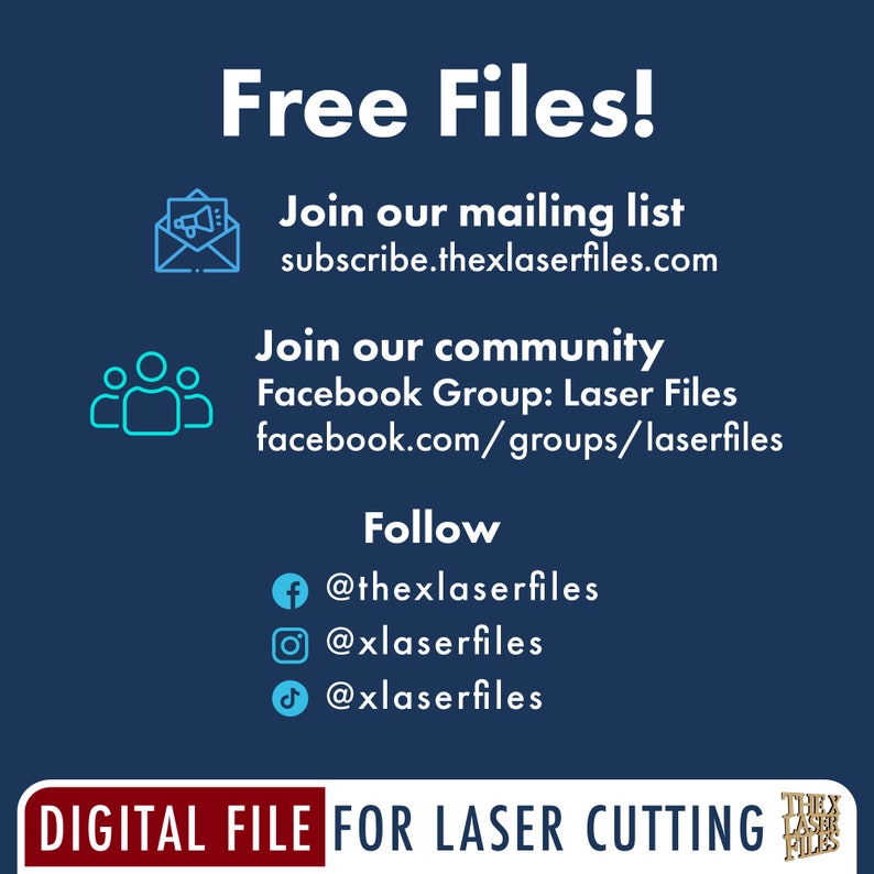 May include: A blue and white graphic with the text "Free Files!" and instructions to join a mailing list and Facebook group. The graphic also includes social media icons for Facebook, Instagram, and TikTok.