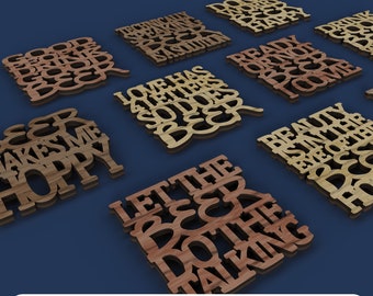 May include: A set of 10 laser cut wooden coasters with various beer-themed sayings. The coasters are made of light and dark wood and feature a variety of fonts and styles.