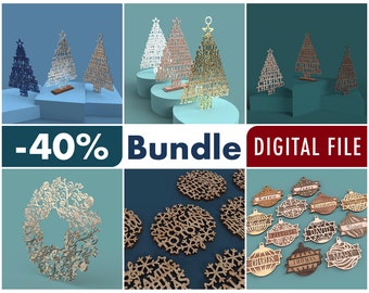 May include: A digital file bundle of Christmas-themed laser cut designs. The bundle includes a variety of designs, including Christmas trees, wreaths, ornaments, and snowflakes. The designs are available in SVG, PDF, DXF, EPS, and AI formats. The bundle is 40% off.
