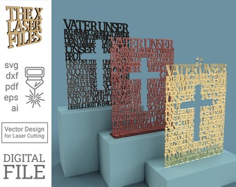 May include: Three laser cut wooden wall decor pieces in the shape of a cross with the words "Vater Unser" (German for "Our Father") repeated in a decorative pattern. The pieces are in different colors: red, brown, and gold.