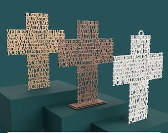 May include: Three wooden crosses with religious text cut out. The crosses are in varying shades of brown and white. The text is in Spanish. The bottom of the image reads "DIGITAL FILE FOR LASER CUTTING".