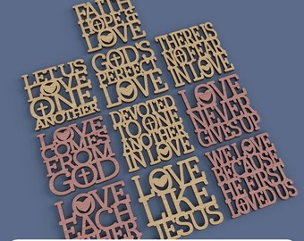 May include: A set of 10 laser cut wood plaques with various bible verses about love. The plaques are in shades of brown and pink with a heart symbol on each plaque. The text on the plaques includes: "Faith Hope & Love", "Let Us Love One Another", "Love Comes From God", "Love Each Other", "God's Perfect Love", "Devoted To One Another In Love", "There Is No Fear In Love", "Love Never Gives Up", "We Love Because He First Loved Us", "Love Like Jesus".