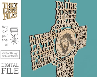 Cruz Padre Nostro cortada con láser – Oración italiana, Jesucristo (Archivo digital)