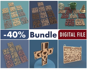 May include: A digital bundle of laser cut files including Christian coasters, cross designs, and a family sign. The files feature various religious phrases and quotes in wood-toned lettering. Text includes Christian Coasters + Cross + Family Sign, -40% Bundle, DIGITAL FILE, and svg pdf dxf eps ai Laser Cut Files.