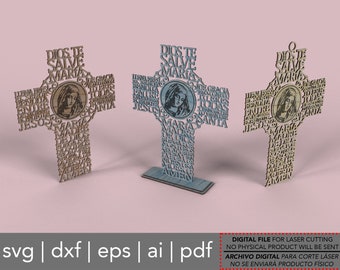 Cruz Imagen Ave María (Je vous salue Marie, croix en espagnol) - fichier catholique découpé au laser svg dxf pdf eps ai fichier numérique