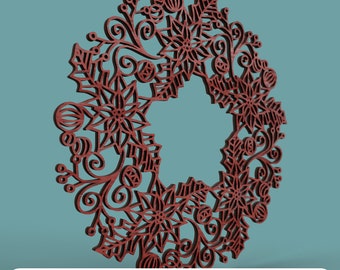 May include: A red wooden Christmas wreath with intricate cutouts of poinsettias, holly leaves, and swirls. The wreath is perfect for adding a festive touch to your home decor.