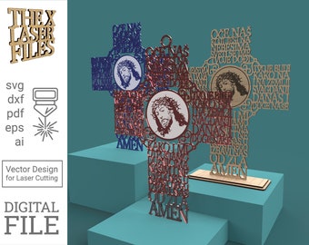May include: A wooden cross with the text "Oče Naš" (Our Father) in Croatian, surrounded by other words in Croatian. The cross is decorated with a red and blue design and a white image of Jesus Christ with a crown of thorns.