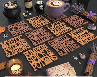 May include: A collection of wooden coasters featuring laser-cut text including "Wickedly Good Brews," "Witchy Ways & Whiskey," "Late Night Magic Drinks," "Beware of Wicked Wines," "Mystic Potions & Brews," "Charming Potions & Elixirs," "Ghostly Whispers & Wine," "Mystic Mixes & Munchies," and "Pumpkin Spice & Potions."