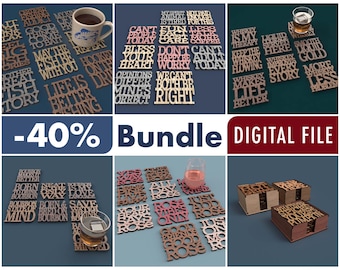 May include: A digital bundle of laser cut coaster designs featuring various text-based phrases about fishing, whiskey, bourbon, and wine. The collection includes SVG, PDF, DXF, EPS, and AI file formats for crafting projects, displayed in multiple sets.