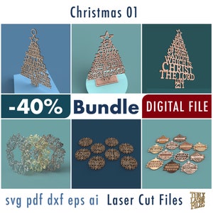 Laser Cut Files Bundle Christmas Christian Trees, Songs Coasters, Customizable Ornaments & Poinsettia Wreath svg dxf pdf eps ai DIGITAL FILE