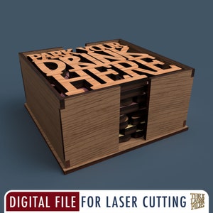 May include: A wooden box with the words "Park Your Drink Here" cut out of the top. The box is designed to hold coasters or other small items.