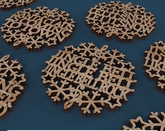 May include: A set of six wooden Christmas ornaments featuring snowflake designs and festive phrases like "Santa Claus is Coming to Town" and "Jingle Bell Rock".