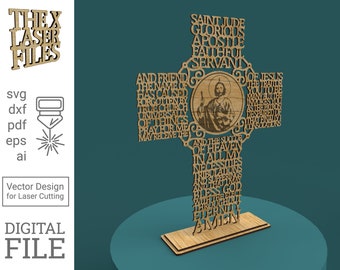 May include: A wooden cross with a cutout of Saint Jude Thaddeus, the patron saint of hopeless causes. The cross is decorated with a prayer to Saint Jude, which reads: "Saint Jude Glorious Apostle Faithful Servant and Friend of Jesus the Name of has caused forgotten by true church universal of things pray for me may receive the and the succor of heaven in all my necessities tribulations and sufferings and that God bless me throughout eternity Amen."
