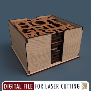 May include: A wooden box with the words "Smoking Hot Grill Master" stacked inside. The box is made for laser cutting.