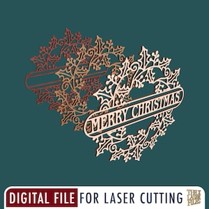Adorno de corona de hojas de acebo navideñas - Archivo cortado con láser SVG, DXF, PDF, EPS, AI ARCHIVO DIGITAL