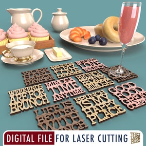 May include: Set of eight wooden coasters with various brunch-themed sayings, including "Weekends are for Brunch", "Mimosa Time Anytime", "Brunch is my Happy Place", and "Good Food Good Vibes".