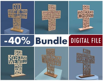 May include: A digital bundle of six laser-cut wooden cross designs featuring various religious quotes and scripture verses. Each cross is displayed as a standing ornament with intricate cut-out lettering, provided in SVG, PDF, DXF, EPS, and AI file formats.