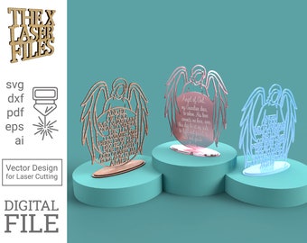 May include: Three laser cut angel designs with wings and a prayer inscription. The angel on the left is made of wood and has a light brown color. The angel in the center is made of a pink material and the angel on the right is made of a light blue material.