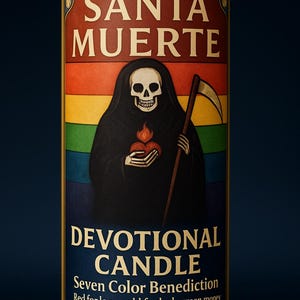 Santa Muerte Devotional Candle – 7 Day Glass Prayer Candle for Love, Luck, Protection, and Peace | Rainbow Magic Colors