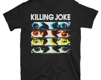 May include: Black t-shirt with a graphic of colorful eyes and the text "Killing Joke" with the words "Extremities, Dirt, And Various Repressed Emotions" below the graphic.