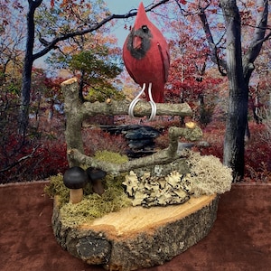 Cardinal - 4 inch, perched on branch on a moss covered base with mushrooms