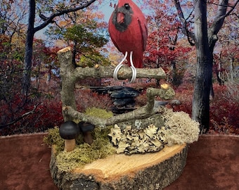 Cardinal - 4 inch, perched on branch on a moss covered base with mushrooms