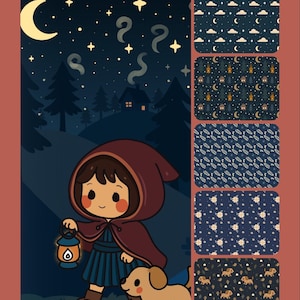 May include: An illustration of a girl in a red hooded cloak, carrying a lantern, and walking with a dog. The background depicts a night forest with a crescent moon, stars, and various pattern designs. Text reads "Midnight Forest Companion" and "A DanniDoodles Collection."