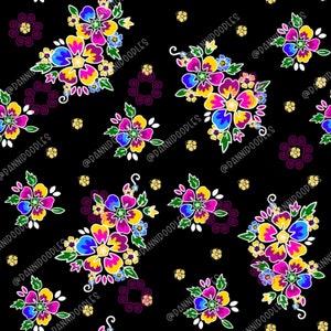 May include: A seamless pattern featuring colourful flowers with white outlines on a black background. The flowers are arranged in clusters and are surrounded by small yellow and purple circles.