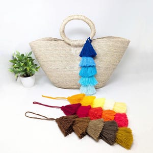 May include: A straw tote bag with a large, round handle and a blue tassel. The bag is surrounded by a variety of colourful tassels in shades of red, orange, yellow, brown, and white.