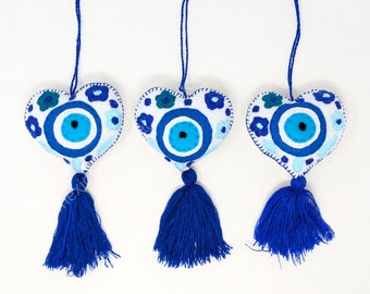 Mexican Embroidered Heart Tassels: Evil Eye Decor, Set of 3