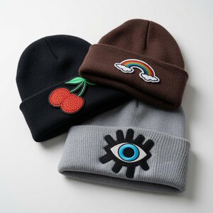 Evil Eye Cuffed Beanie | Patch Embroidered Beanie | Warm Stretchy Winter Hat