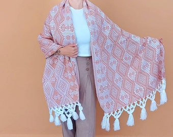 Woven Cotton Rebozo Scarf: Traditional Mayan Geometric Shawl