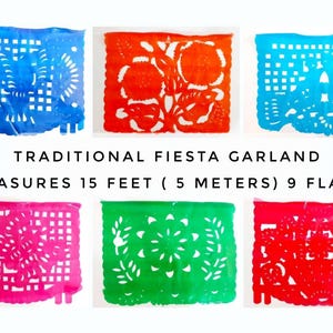 May include: A traditional fiesta garland with nine colorful paper flags. The flags are 15 feet long and feature different cut-out designs. The garland is perfect for adding a festive touch to any party or celebration.