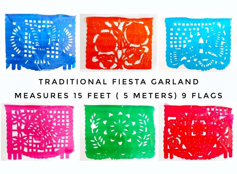 May include: A traditional fiesta garland with nine colorful paper flags. The flags are 15 feet long and feature different cut-out designs. The garland is perfect for adding a festive touch to any party or celebration.