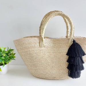 Straw Beach Tote Bag With Tassels & Pom Poms - Large Handwoven Summer Shoulder Bag, Alight Brown - View #2