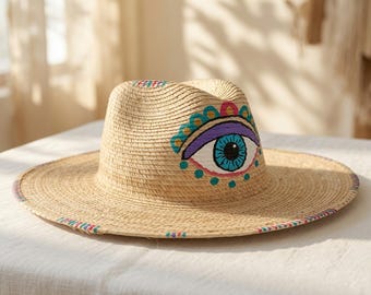 Hand Painted Straw Hat with Eye decor Handmade Summer Beach Sun Hat
