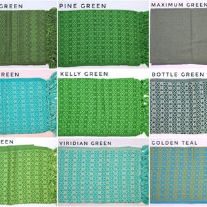 May include: A grid of nine rectangular woven textiles with fringe, labeled Forest Green, Pine Green, Maximum Green, Spring Green, Kelly Green, Bottle Green, Grass Green, Viridian Green, and Golden Teal, each featuring distinct geometric patterns.