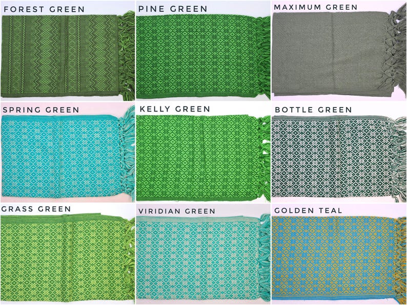 May include: A grid of nine rectangular woven textiles with fringe, labeled Forest Green, Pine Green, Maximum Green, Spring Green, Kelly Green, Bottle Green, Grass Green, Viridian Green, and Golden Teal, each featuring distinct geometric patterns.