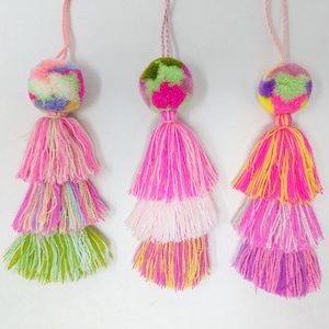 Handmade multi colored boho bag tassels / multi colored beach bag tassels / multi color pompoms / multi colored bag charms