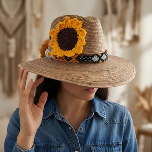 Mexican Straw Hat with Crochet Sunflower and braided band Handmade Sun Hat