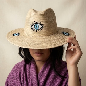 Evil Eye Embroidered Hat | Handmade Mexican Beach Hat | Natural Palm Straw image 2