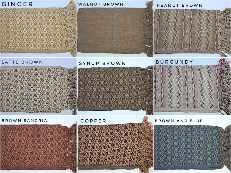 May include: A collection of nine rectangular woven textiles with fringe, each featuring distinct geometric patterns and colorways labeled as Ginger, Walnut Brown, Peanut Brown, Latte Brown, Syrup Brown, Burgundy, Brown Sangria, Copper, and Brown and Blue.
