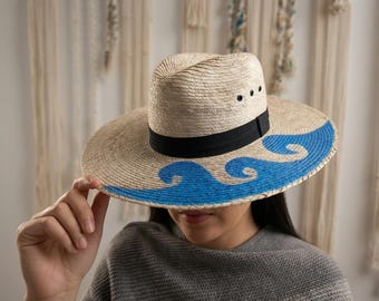 Hand Painted Straw Hat with Blue Wave Design | Light color Boho Summer Sun Hat