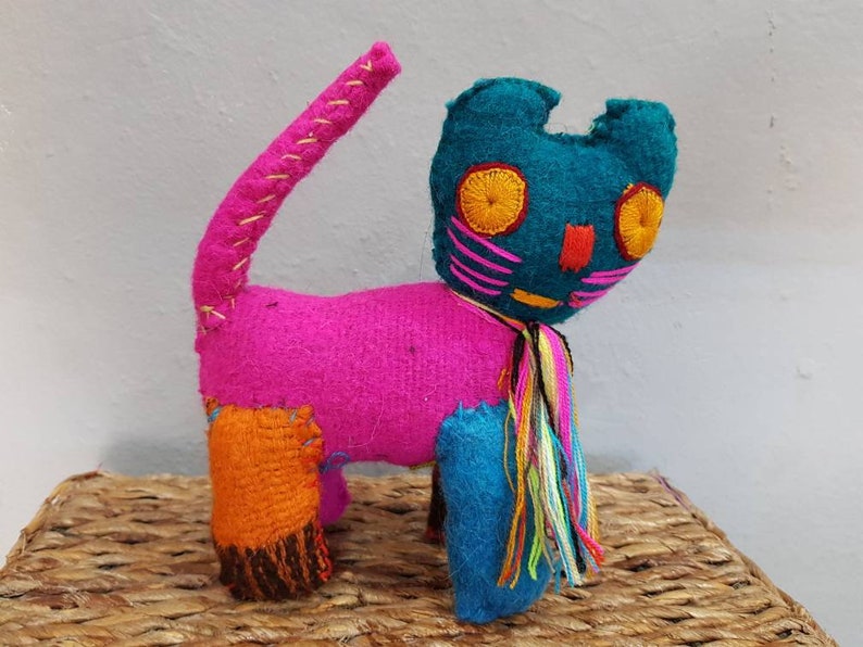 Mexican hand made plushies stuffed natural wool cat plush toys handmade mayan wool cinco de mayo wool toys mexican toy kitty
