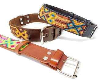 XL mexikanskt läderhalsband för hundar: Handgjort broderat aztekiskt husdjurshalsband