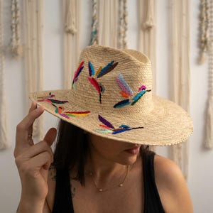 Handmade Otomi Embroidered Straw Hat | Mexican bird design sombrero