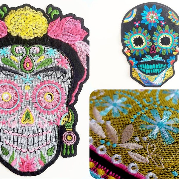 Hierro bordado en parches de México / parche de calavera / parche de Frida / parche de corazón / hierro grande en parche