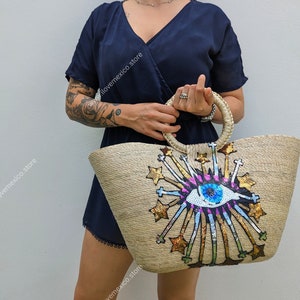 Boho straw bag with evil eye sequin patch / handmade market straw bag / mexican tote bag / summer bag / farmer&#39;s market bag /
