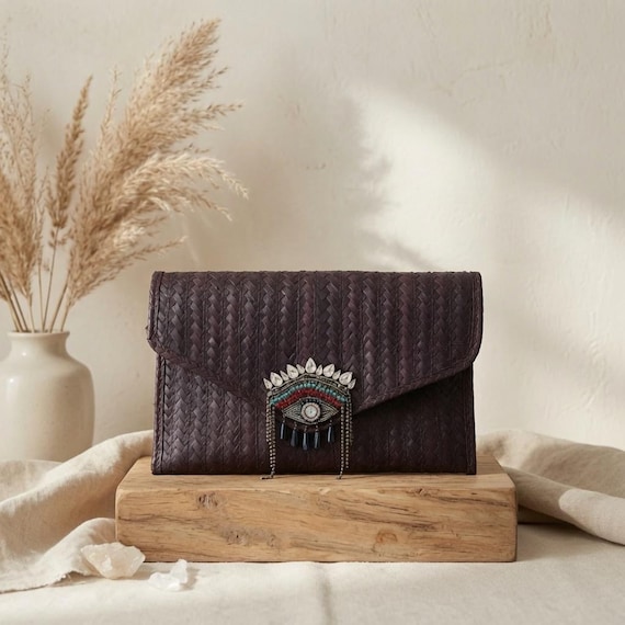 Mexican Straw Clutch with Eye Patch | Handmade Boho purse