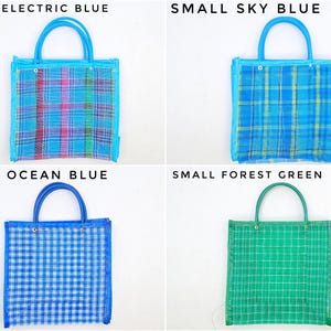 May include: Four small square tote bags with rounded handles. The top left bag is electric blue with a pink and green plaid pattern. The top right is sky blue with a blue and yellow plaid. The bottom left is ocean blue with a white gingham check. The bottom right is forest green with a white grid pattern.